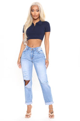 On My Own Ripped Girlfriend Jeans - Medium Blue Wash Ins Street